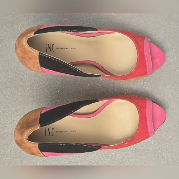 INC Suede Patchwork Peep Toe Platform Heels Red Pink Tan Size 8 - Picture 8 of 11